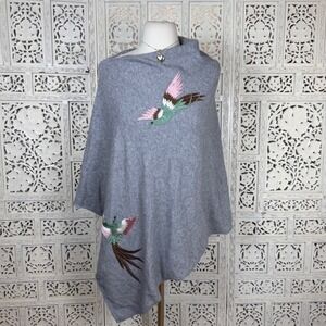 La Fiorentina Gray Bird Embroidered Poncho One Size Quiet Luxury Old Money
